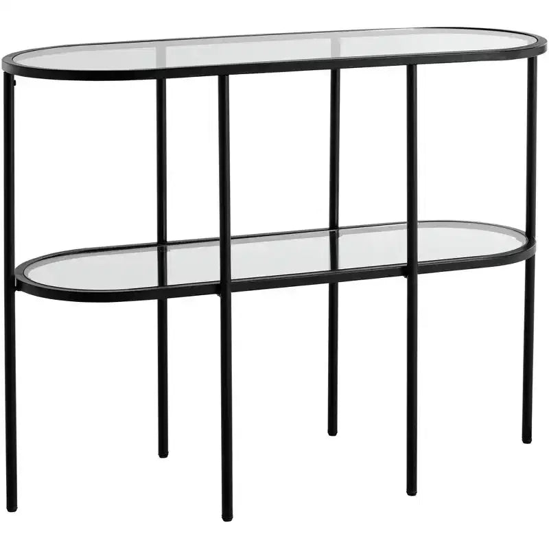Studio 55D Remy Modern Metal Oval 2-Tier Console Table 40 x 15 with Storage Sandy Black Clear Glass Tabletop for Living Room