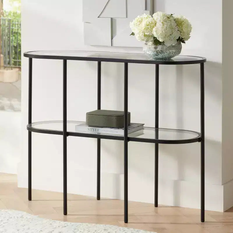 Consolle ovale moderna a 2 ripiani in metallo con mensole in vetro, nero sabbiato, 40 x 15 x 32 pollici