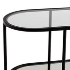 Consolle ovale moderna a 2 ripiani in metallo con mensole in vetro, nero sabbiato, 40 x 15 x 32 pollici