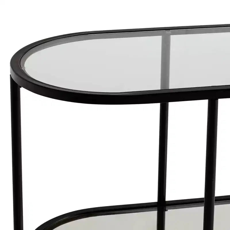 Consolle ovale moderna a 2 ripiani in metallo con mensole in vetro, nero sabbiato, 40 x 15 x 32 pollici