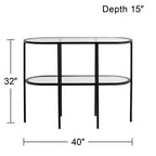 Consolle ovale moderna a 2 ripiani in metallo con mensole in vetro, nero sabbiato, 40 x 15 x 32 pollici
