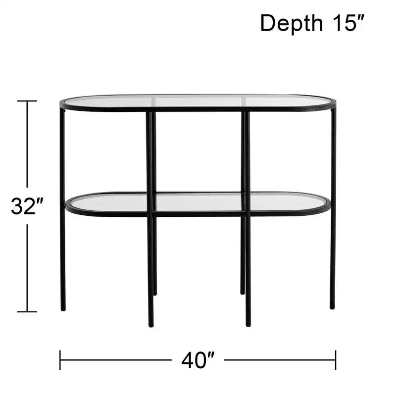 Consolle ovale moderna a 2 ripiani in metallo con mensole in vetro, nero sabbiato, 40 x 15 x 32 pollici