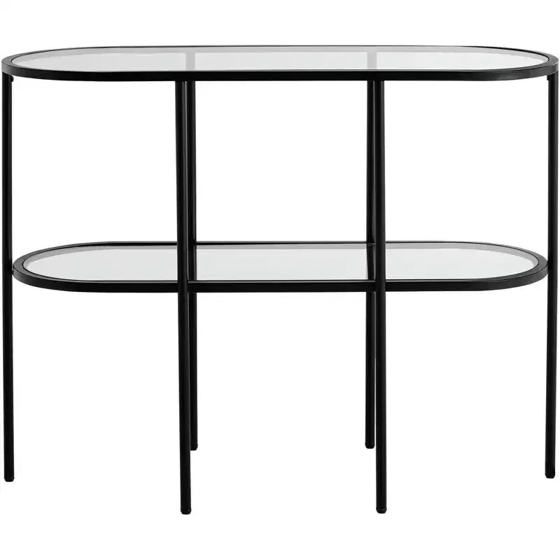 Consolle ovale moderna a 2 ripiani in metallo con mensole in vetro, nero sabbiato, 40 x 15 x 32 pollici