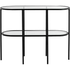 Consolle ovale moderna a 2 ripiani in metallo con mensole in vetro, nero sabbiato, 40 x 15 x 32 pollici