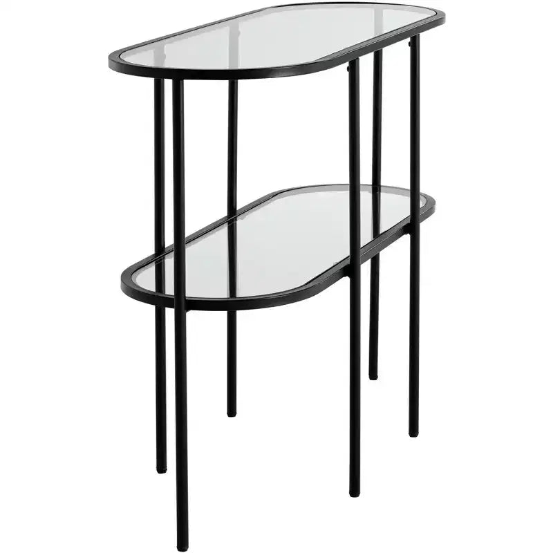 Consolle ovale moderna a 2 ripiani in metallo con mensole in vetro, nero sabbiato, 40 x 15 x 32 pollici