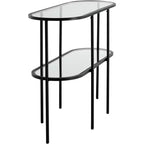 Consolle ovale moderna a 2 ripiani in metallo con mensole in vetro, nero sabbiato, 40 x 15 x 32 pollici