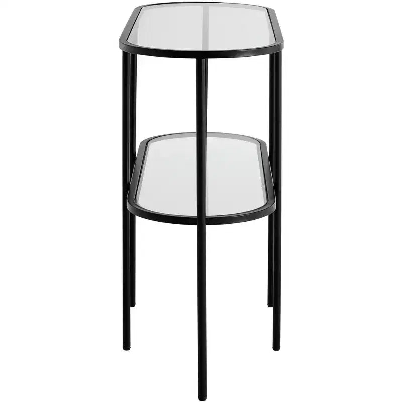 Consolle ovale moderna a 2 ripiani in metallo con mensole in vetro, nero sabbiato, 40 x 15 x 32 pollici