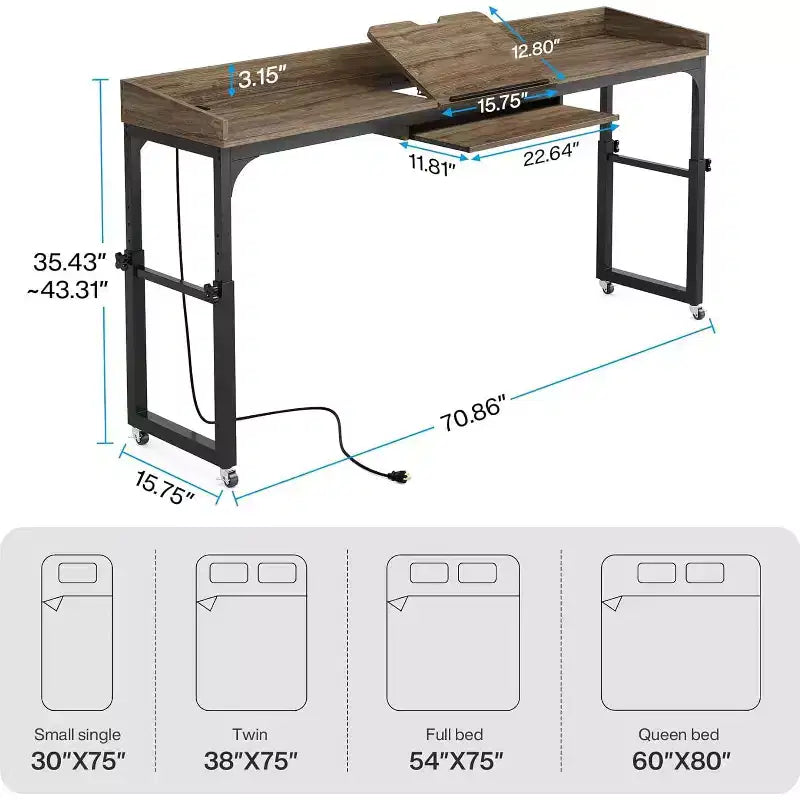 Tavolo da letto regolabile in altezza con ruote e piano inclinabile