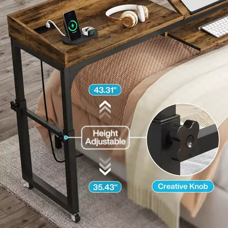Height Adjustable Overbed Table with Wheels and Tilting Surface