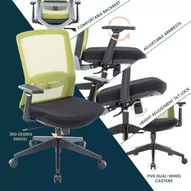 Sedia da ufficio in rete con altezza regolabile, base girevole, supporto lombare e funzione di inclinazione