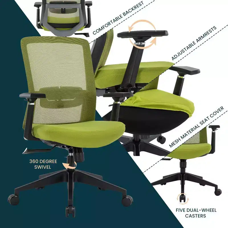 Sedia da ufficio in rete con altezza regolabile, base girevole, supporto lombare e funzione di inclinazione