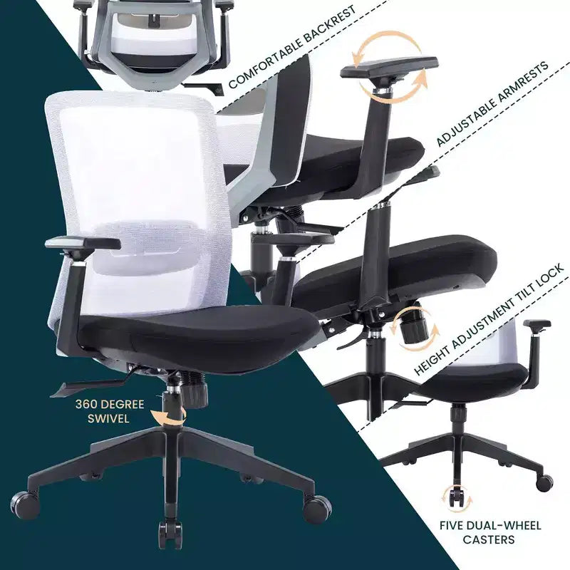 Sedia da ufficio in rete con altezza regolabile, base girevole, supporto lombare e funzione di inclinazione