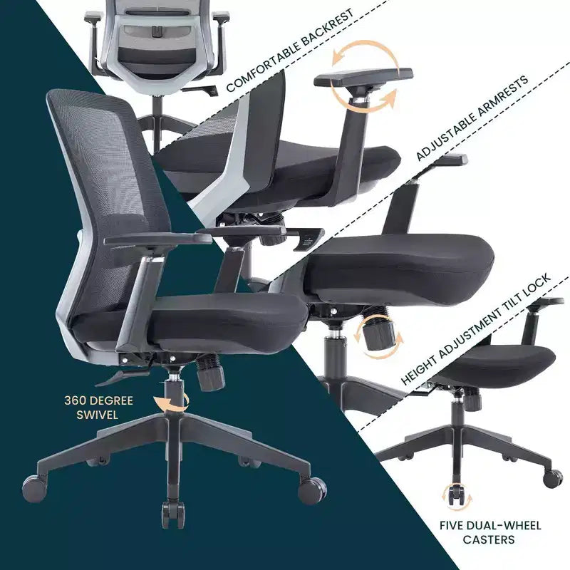 Sedia da ufficio in rete con altezza regolabile, base girevole, supporto lombare e funzione di inclinazione