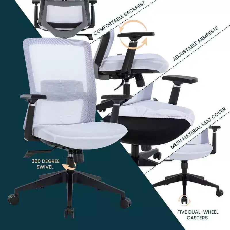 Sedia da ufficio in rete con altezza regolabile, base girevole, supporto lombare e funzione di inclinazione