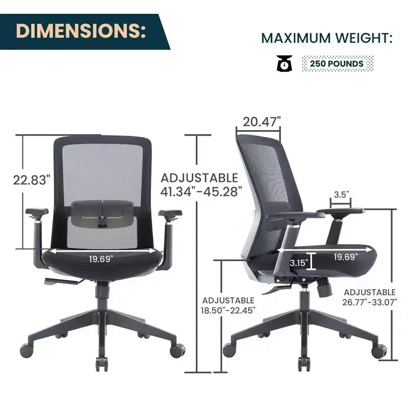 Sedia da ufficio in rete con altezza regolabile, base girevole, supporto lombare e funzione di inclinazione